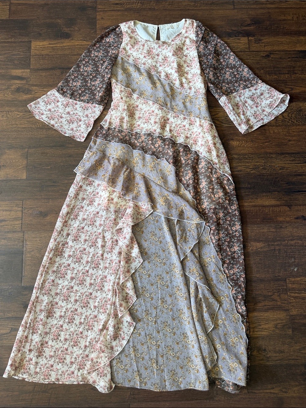 Boho Floral Patchwork High-Low Dress in Pink, Brown & Cream